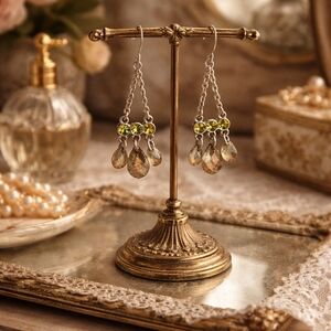 Faceted Crystal Drop Chandelier Earrings Green & Champagne DIFFERENT - Pre-loved